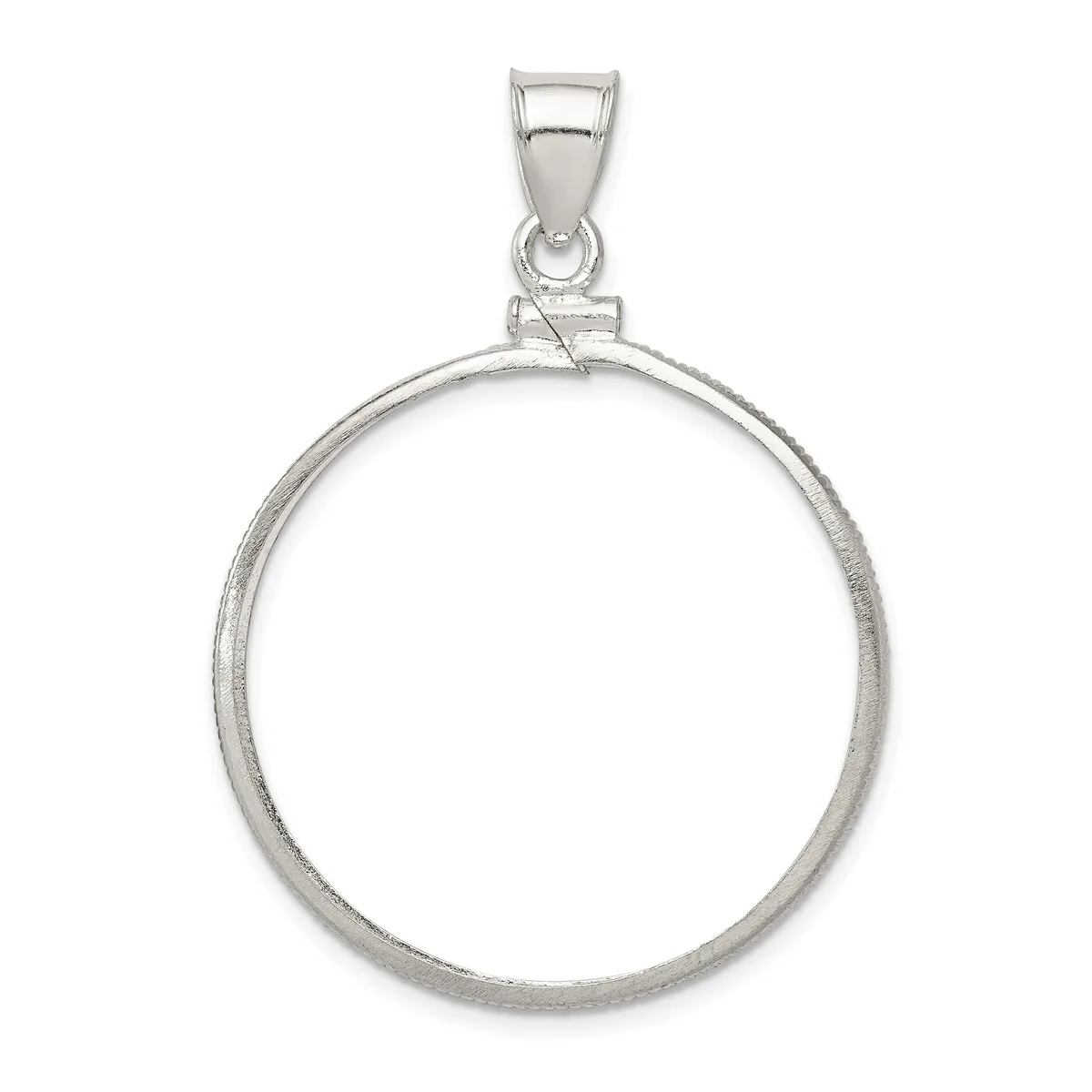Sterling silver circular pendant with a polished rim and textured surface, suspended from a rectangular bail.