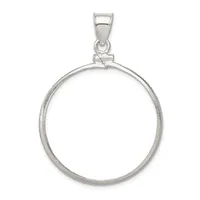 Sterling silver circular pendant with a polished rim and textured surface, suspended from a rectangular bail.