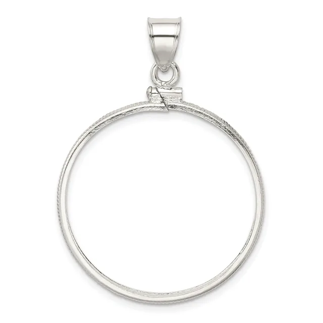 Sterling silver circular pendant holder with a polished finish and bail attachment, shown empty against a white background.