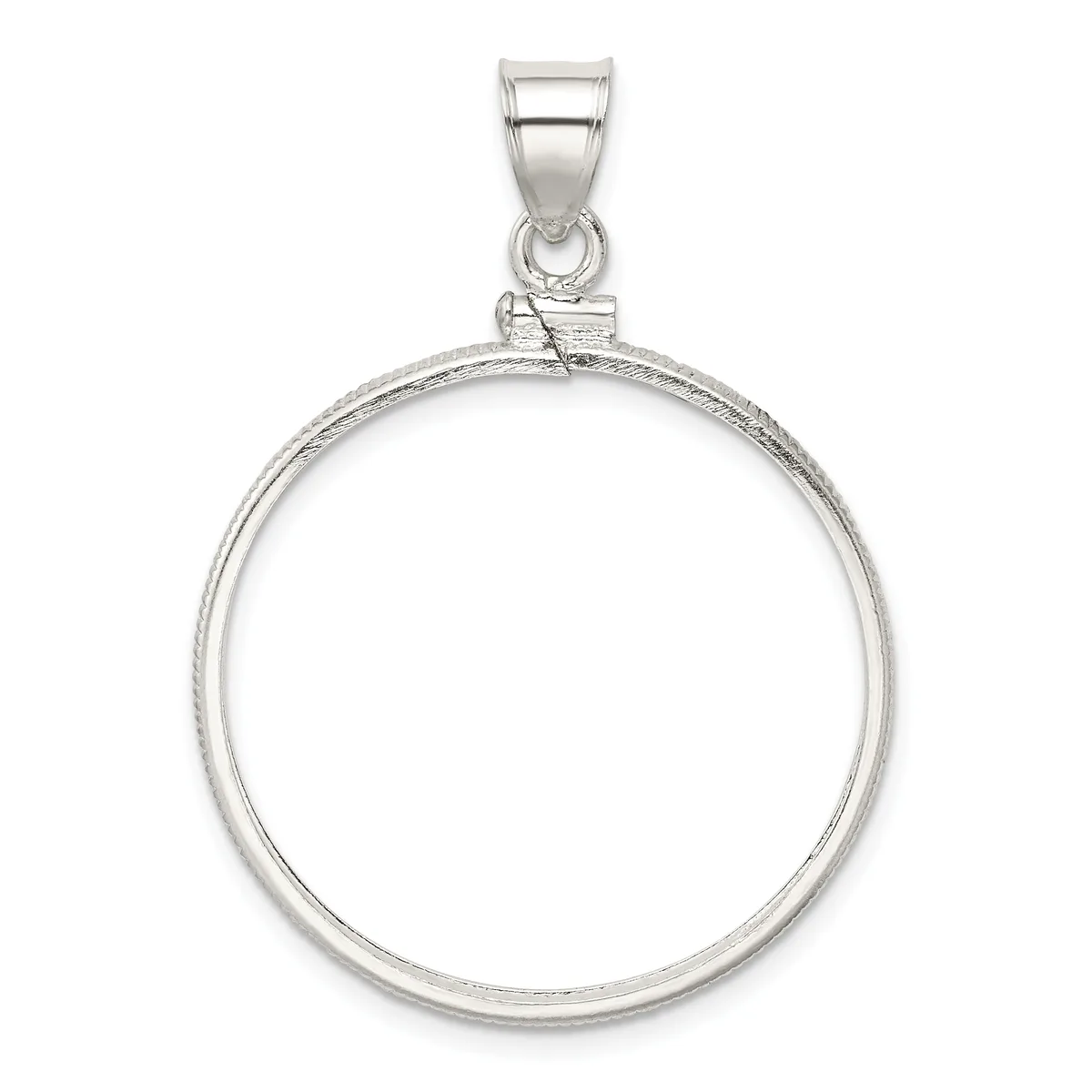 Sterling silver circular pendant holder with a polished finish and bail attachment, shown empty against a white background.