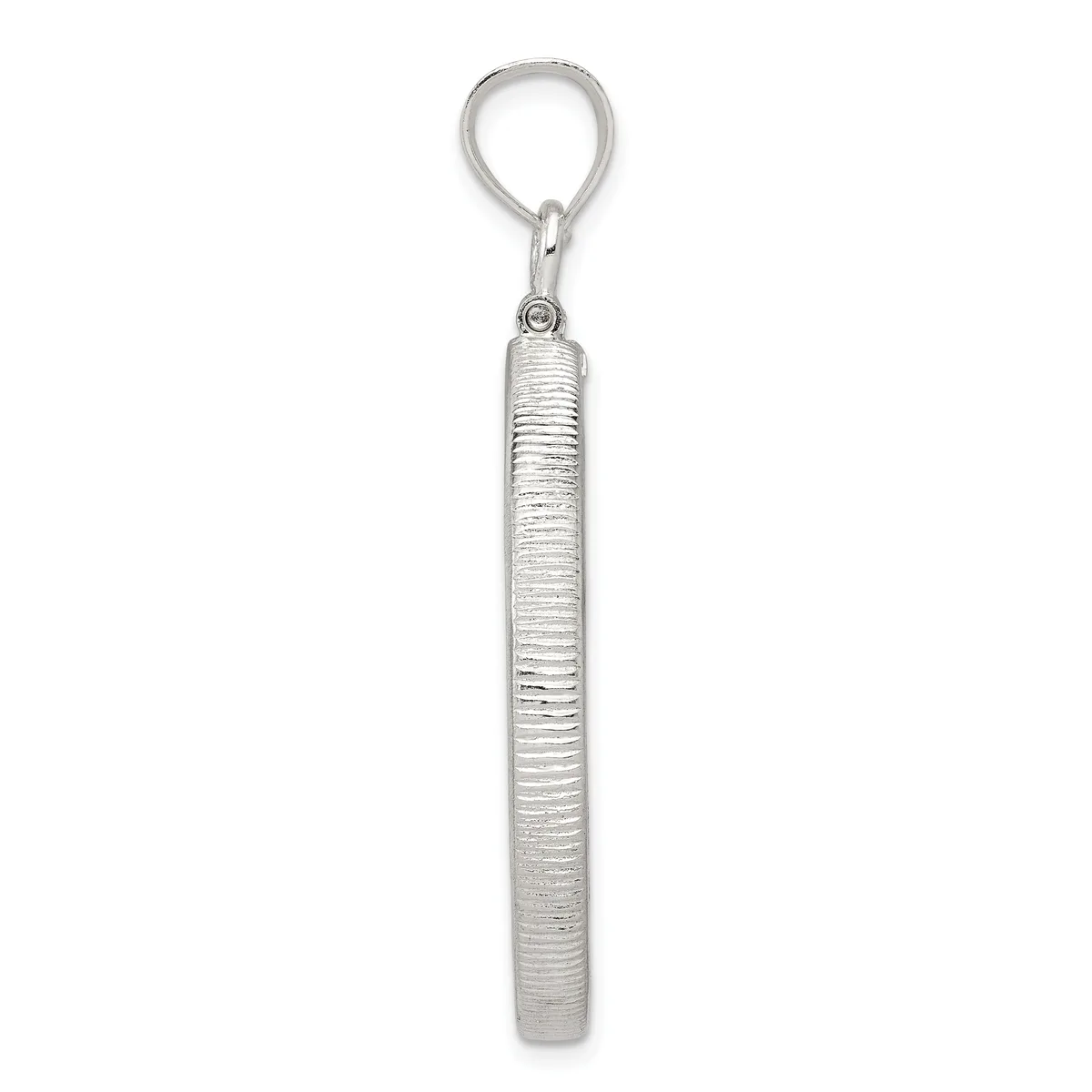 A silver cylindrical pendant with horizontal texture hangs from a silver loop and chain attachment.