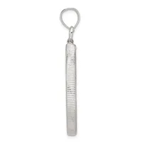 A silver cylindrical pendant with horizontal texture hangs from a silver loop and chain attachment.