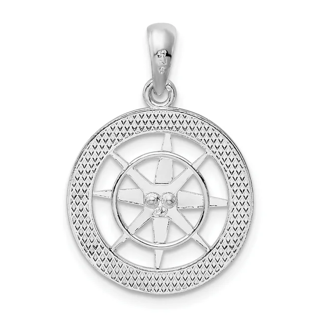 Sterling silver pendant featuring a ship's wheel design with a textured outer ring and open center wheel with spokes, suspended from a bail loop.
