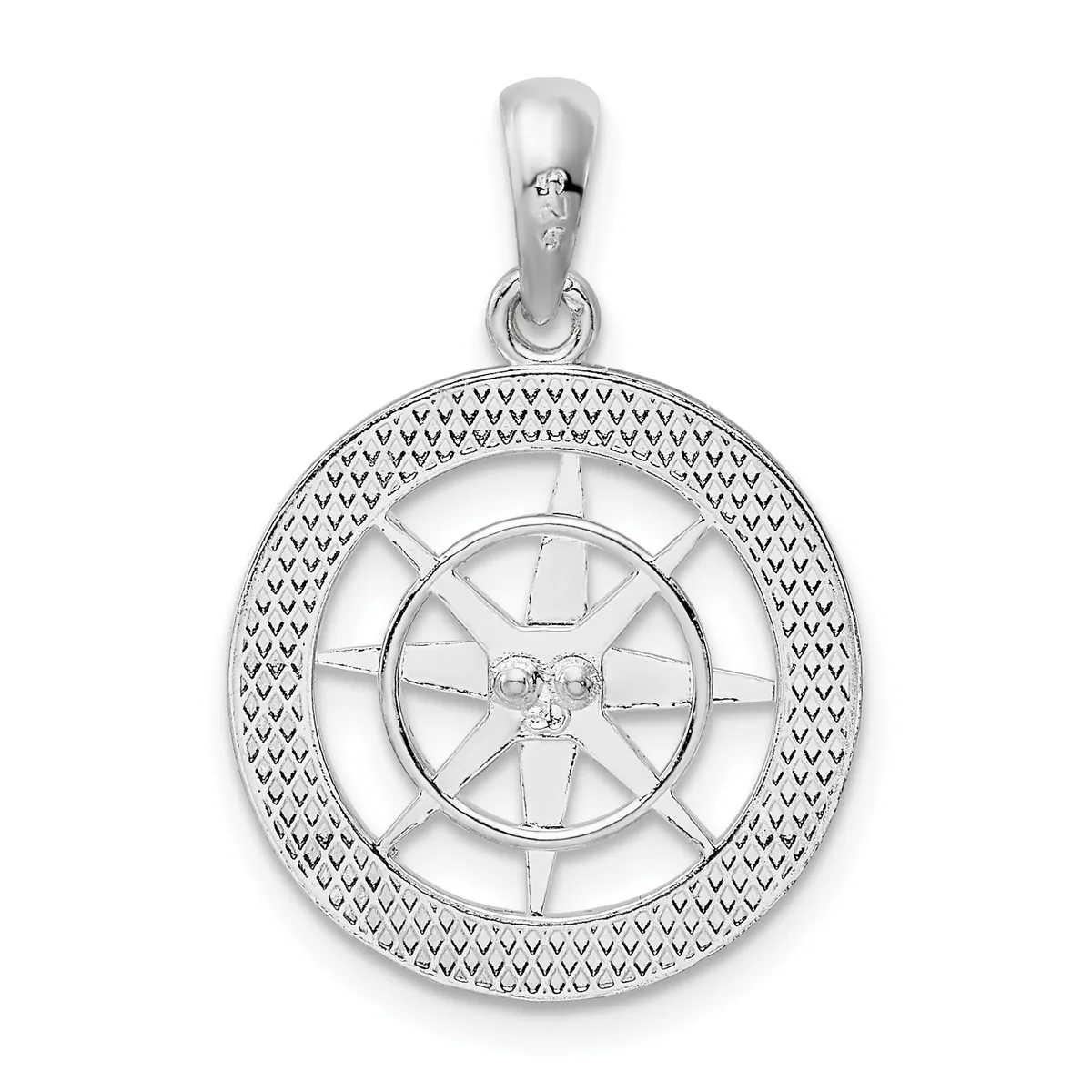 Sterling silver pendant featuring a ship's wheel design with a textured outer ring and open center wheel with spokes, suspended from a bail loop.