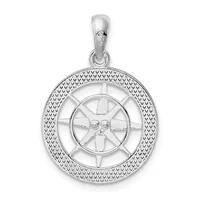 Sterling silver pendant featuring a ship's wheel design with a textured outer ring and open center wheel with spokes, suspended from a bail loop.