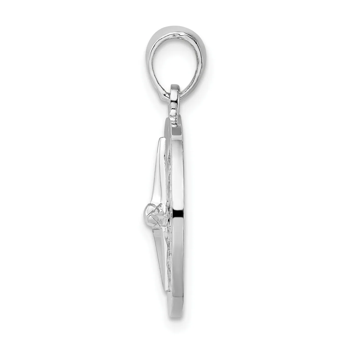 A silver pendant featuring a sailboat with detailed rigging, suspended from an oval loop and chain attachment.