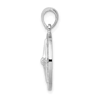 A silver pendant featuring a sailboat with detailed rigging, suspended from an oval loop and chain attachment.
