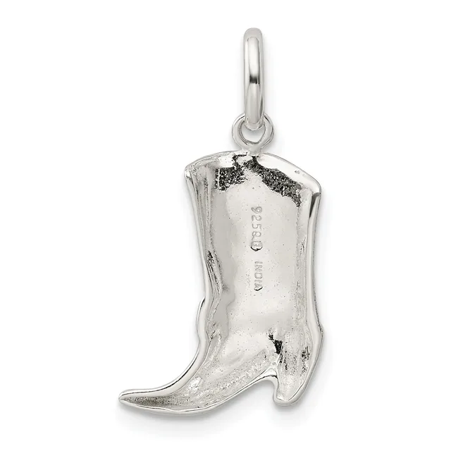 A sterling silver cowboy boot charm with a polished finish and small stamped hallmark on its surface, suspended from a bail loop.