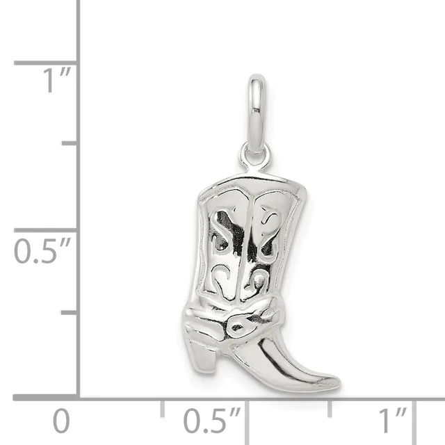 A sterling silver cowboy boot charm with decorative etching, shown next to a ruler measuring approximately 0.75 inches tall.