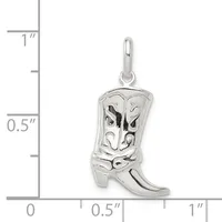 A sterling silver cowboy boot charm with decorative etching, shown next to a ruler measuring approximately 0.75 inches tall.