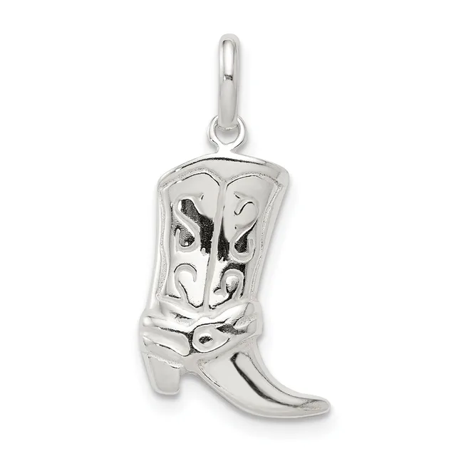 Sterling silver cowboy boot charm with decorative stitching details, shown hanging from a curved bail loop.