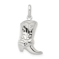 Sterling silver cowboy boot charm with decorative stitching details, shown hanging from a curved bail loop.