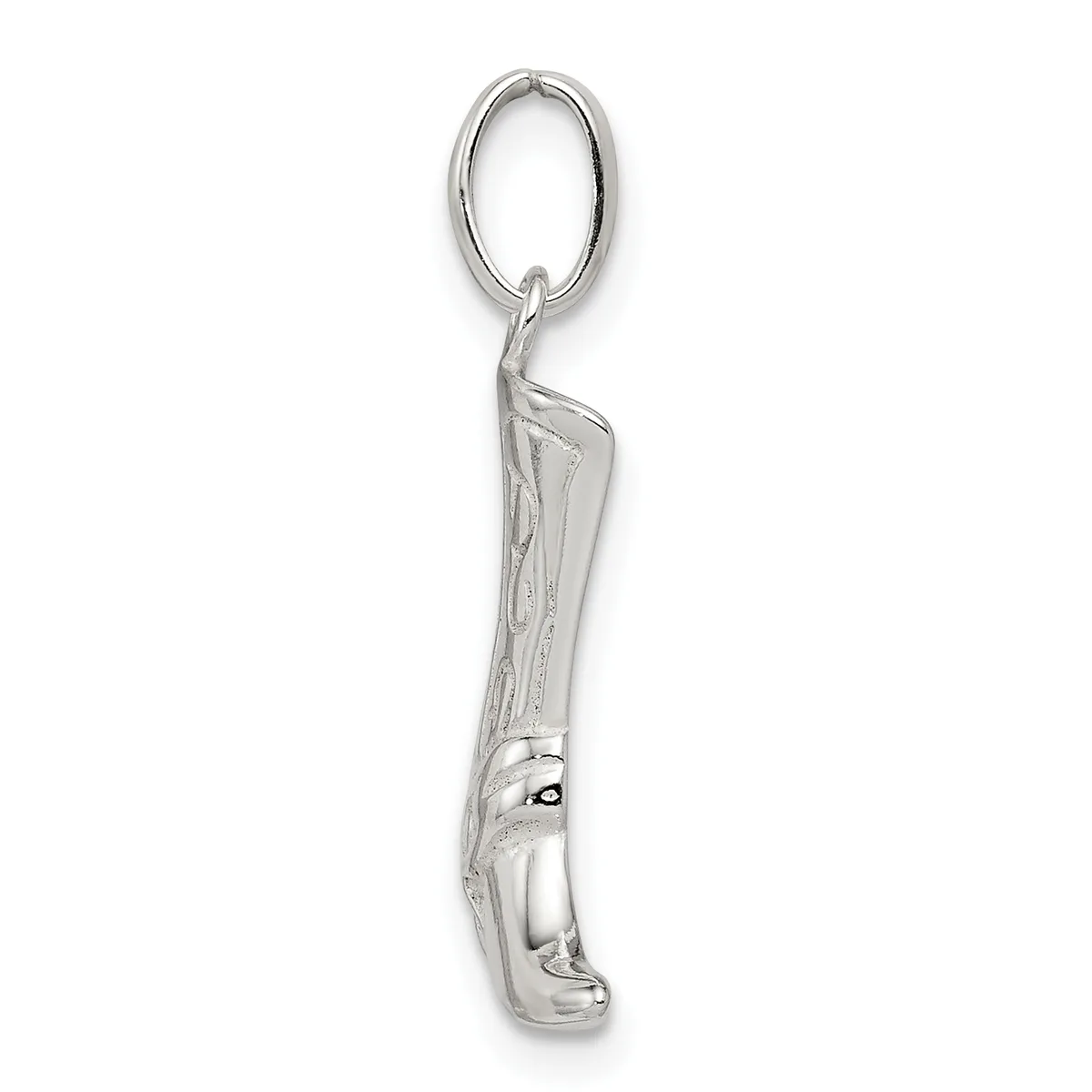 A silver charm in the shape of a folding pocket knife, suspended from an oval ring loop.