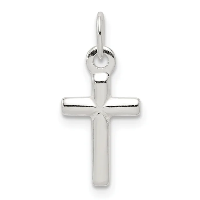 A polished silver cross pendant with rounded edges and a small loop at the top for attaching to a chain.