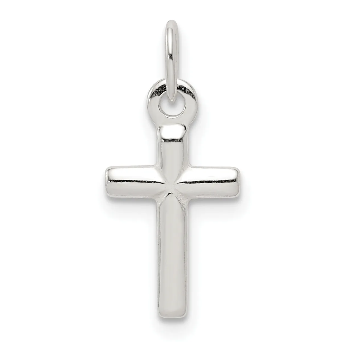A polished silver cross pendant with rounded edges and a small loop at the top for attaching to a chain.