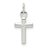 A polished silver cross pendant with rounded edges and a small loop at the top for attaching to a chain.