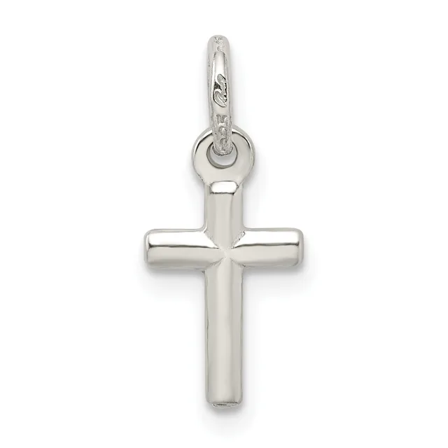 A polished silver cross pendant with rounded edges and a small loop bail at the top, shown hanging against a white background.