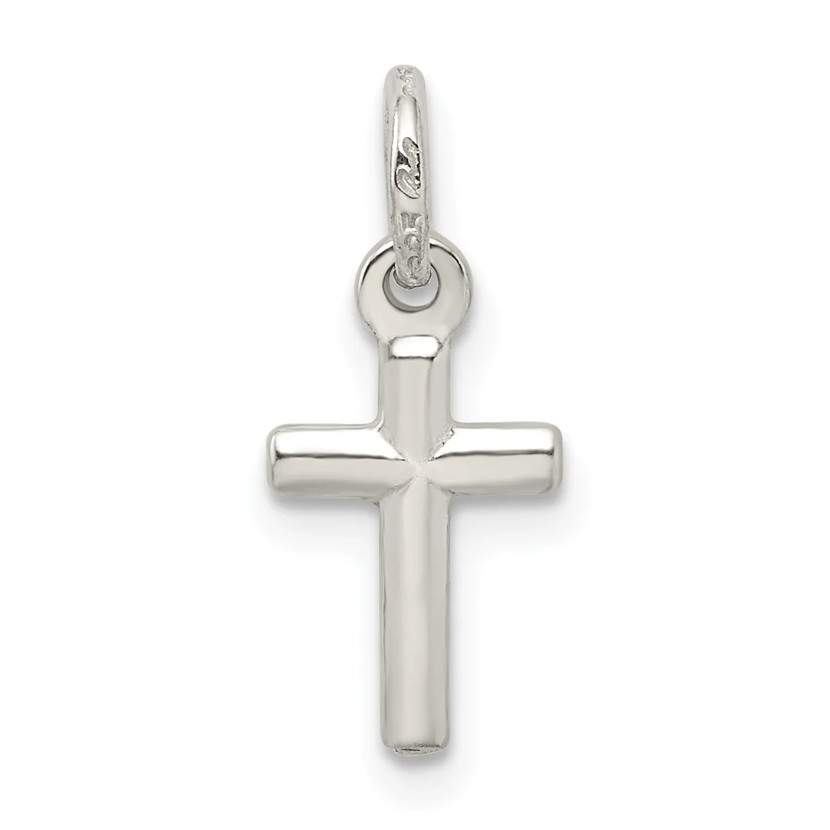 A polished silver cross pendant with rounded edges and a small loop bail at the top, shown hanging against a white background.