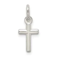 A polished silver cross pendant with rounded edges and a small loop bail at the top, shown hanging against a white background.