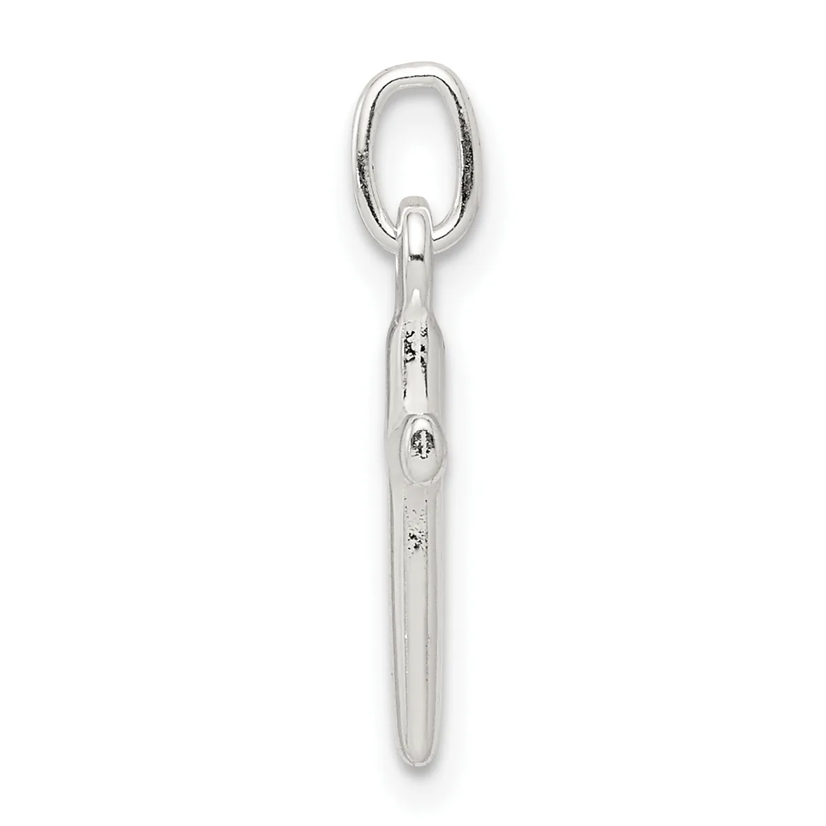A silver spoon with an oval loop handle at the top and a small stamped hallmark on the handle, shown vertically against a white background.