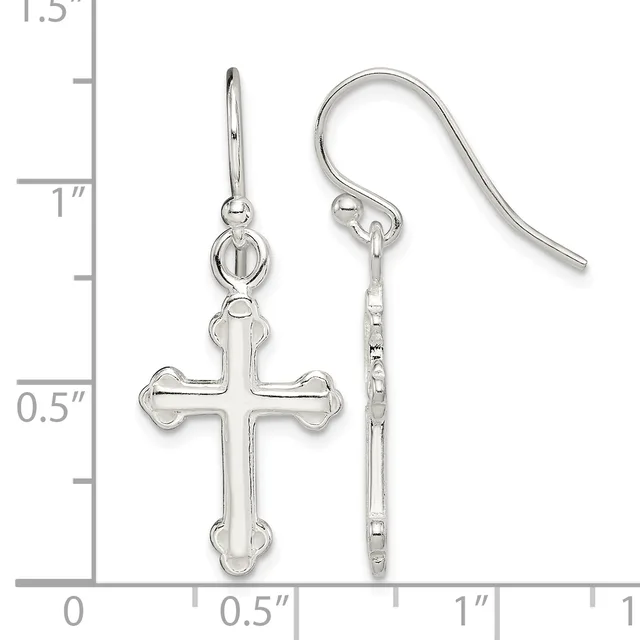 Silver cross earrings with ornate ends displayed next to a ruler showing approximately one inch in length.