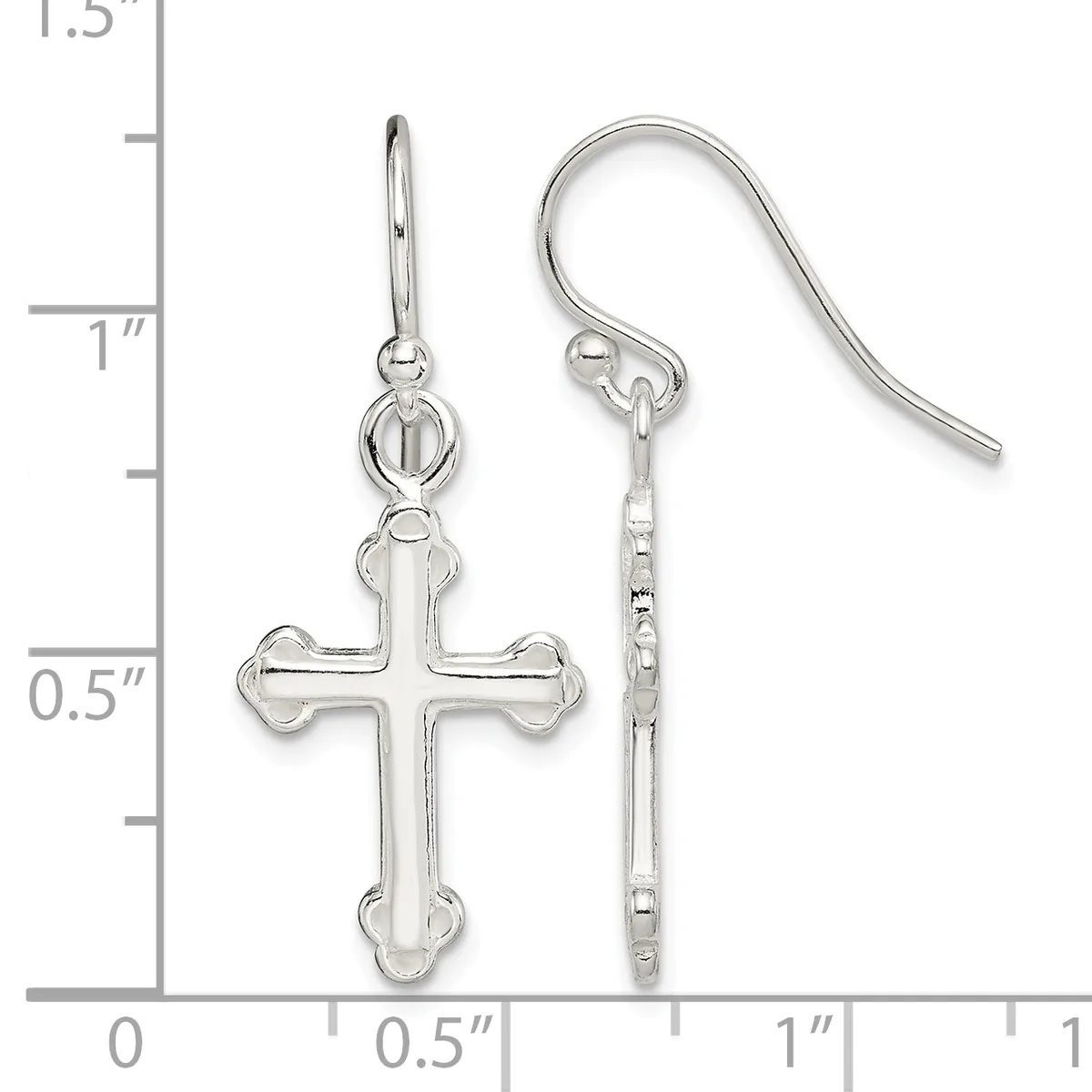 Silver cross earrings with ornate ends displayed next to a ruler showing approximately one inch in length.