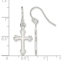 Silver cross earrings with ornate ends displayed next to a ruler showing approximately one inch in length.