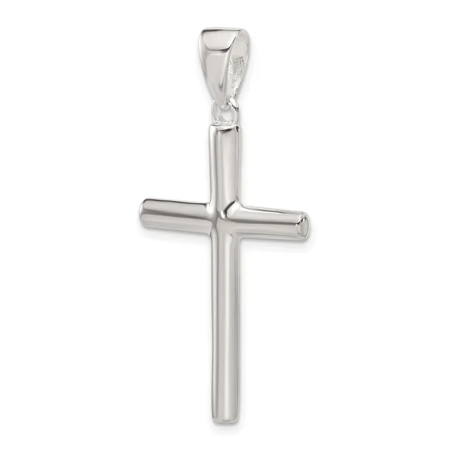 A polished silver cross pendant with rounded cylindrical arms and a small loop bail at the top, shown against a white background.