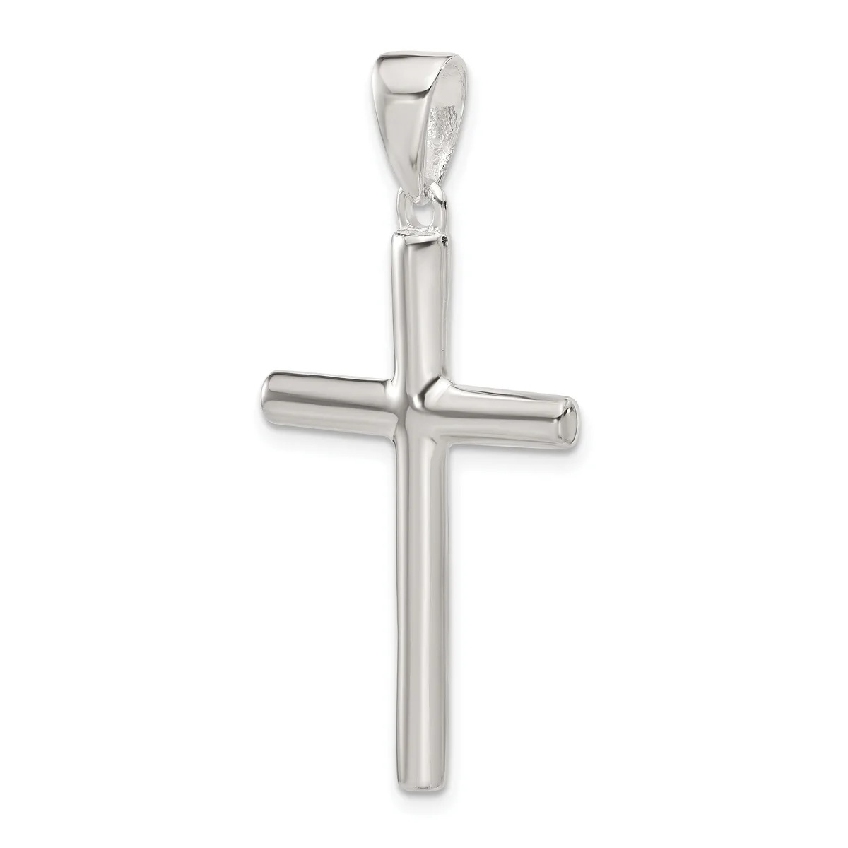 A polished silver cross pendant with rounded cylindrical arms and a small loop bail at the top, shown against a white background.