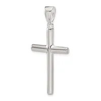 A polished silver cross pendant with rounded cylindrical arms and a small loop bail at the top, shown against a white background.