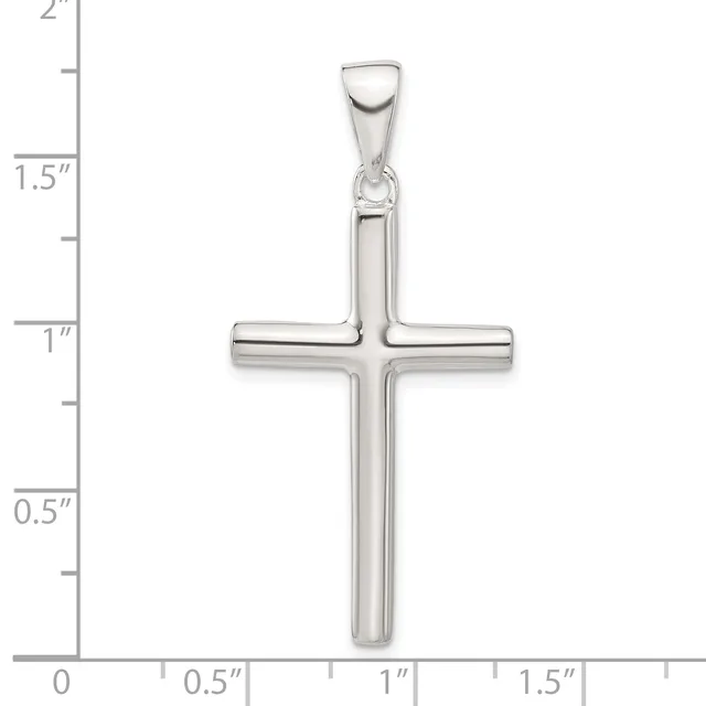 A polished sterling silver cross pendant with hollow rectangular arms and a small loop bail at the top, shown against a measurement scale indicating approximately 1.5 inches in height.