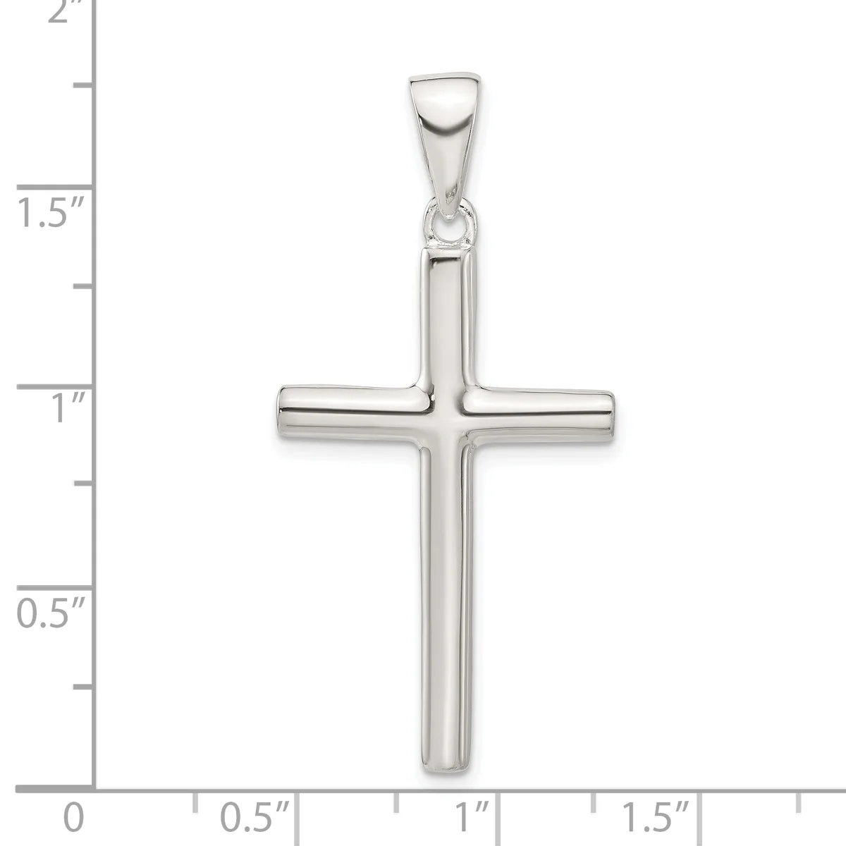 A polished sterling silver cross pendant with hollow rectangular arms and a small loop bail at the top, shown against a measurement scale indicating approximately 1.5 inches in height.