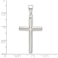 A polished sterling silver cross pendant with hollow rectangular arms and a small loop bail at the top, shown against a measurement scale indicating approximately 1.5 inches in height.