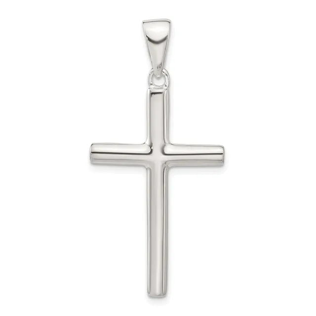 A polished silver cross pendant with a hollow rectangular design and a small bail loop at the top, shown against a white background.
