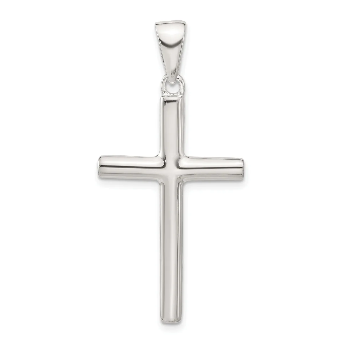 A polished silver cross pendant with a hollow rectangular design and a small bail loop at the top, shown against a white background.