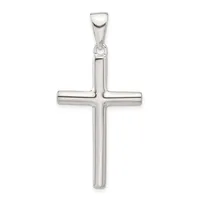 A polished silver cross pendant with a hollow rectangular design and a small bail loop at the top, shown against a white background.