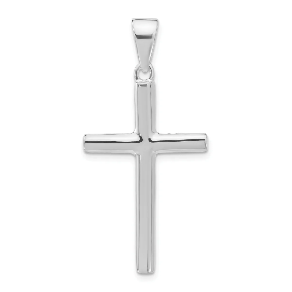 A polished silver cross pendant with a hollow rectangular design and a small bail loop at the top for hanging on a chain.