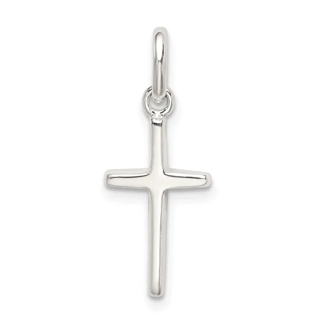 A polished sterling silver cross pendant with a rounded loop at the top, shown against a white background.