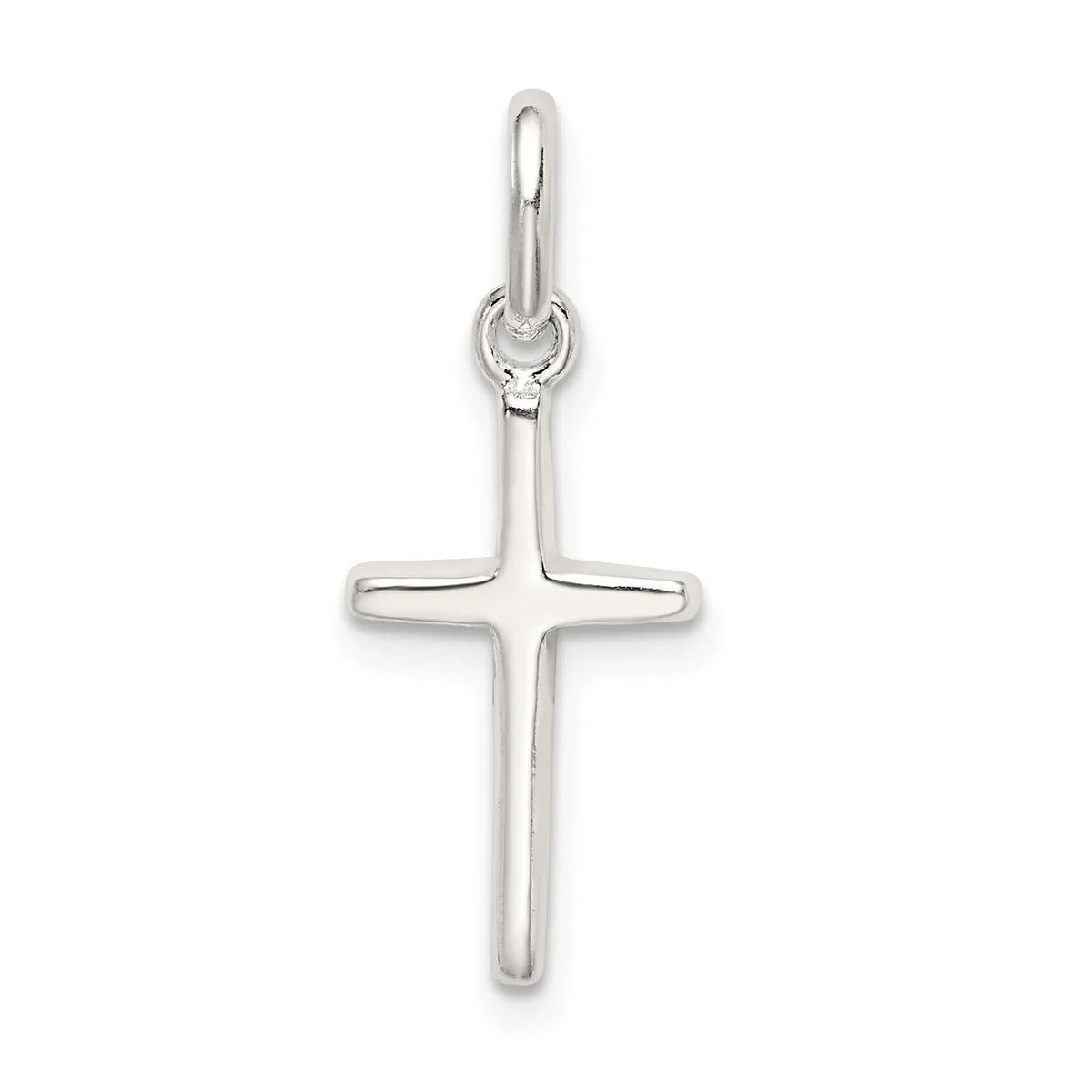 A polished sterling silver cross pendant with a rounded loop at the top, shown against a white background.