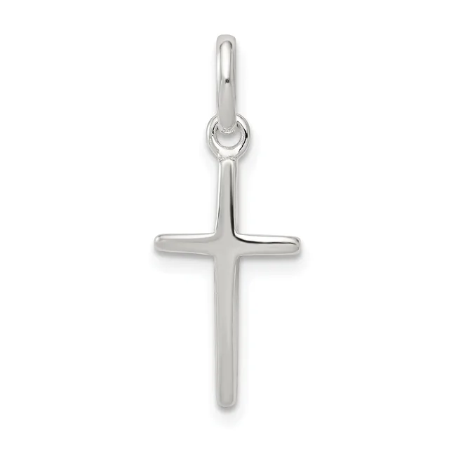 A polished silver cross pendant with a rounded loop at the top for hanging on a chain.