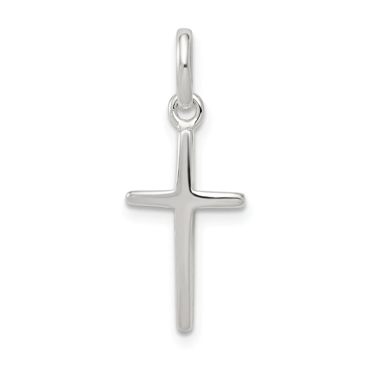 A polished silver cross pendant with a rounded loop at the top for hanging on a chain.
