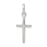 A polished silver cross pendant with a rounded loop at the top for hanging on a chain.