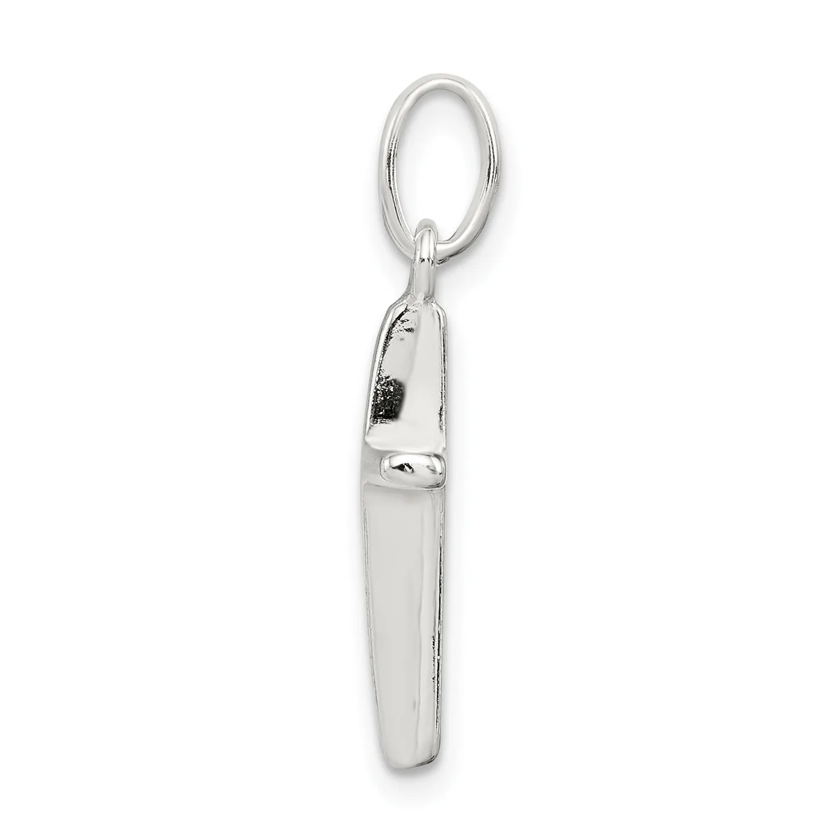 A silver whistle pendant with an oval loop attachment, shown hanging vertically against a white background.