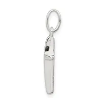 A silver whistle pendant with an oval loop attachment, shown hanging vertically against a white background.