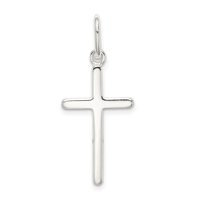 A polished silver cross pendant with a hollow center and rounded edges, suspended from a small loop and bail at the top.