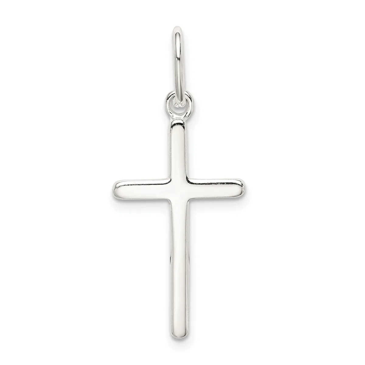 A polished silver cross pendant with a hollow center and rounded edges, suspended from a small loop and bail at the top.