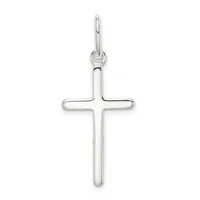 A polished silver cross pendant with a hollow center and rounded edges, suspended from a small loop and bail at the top.