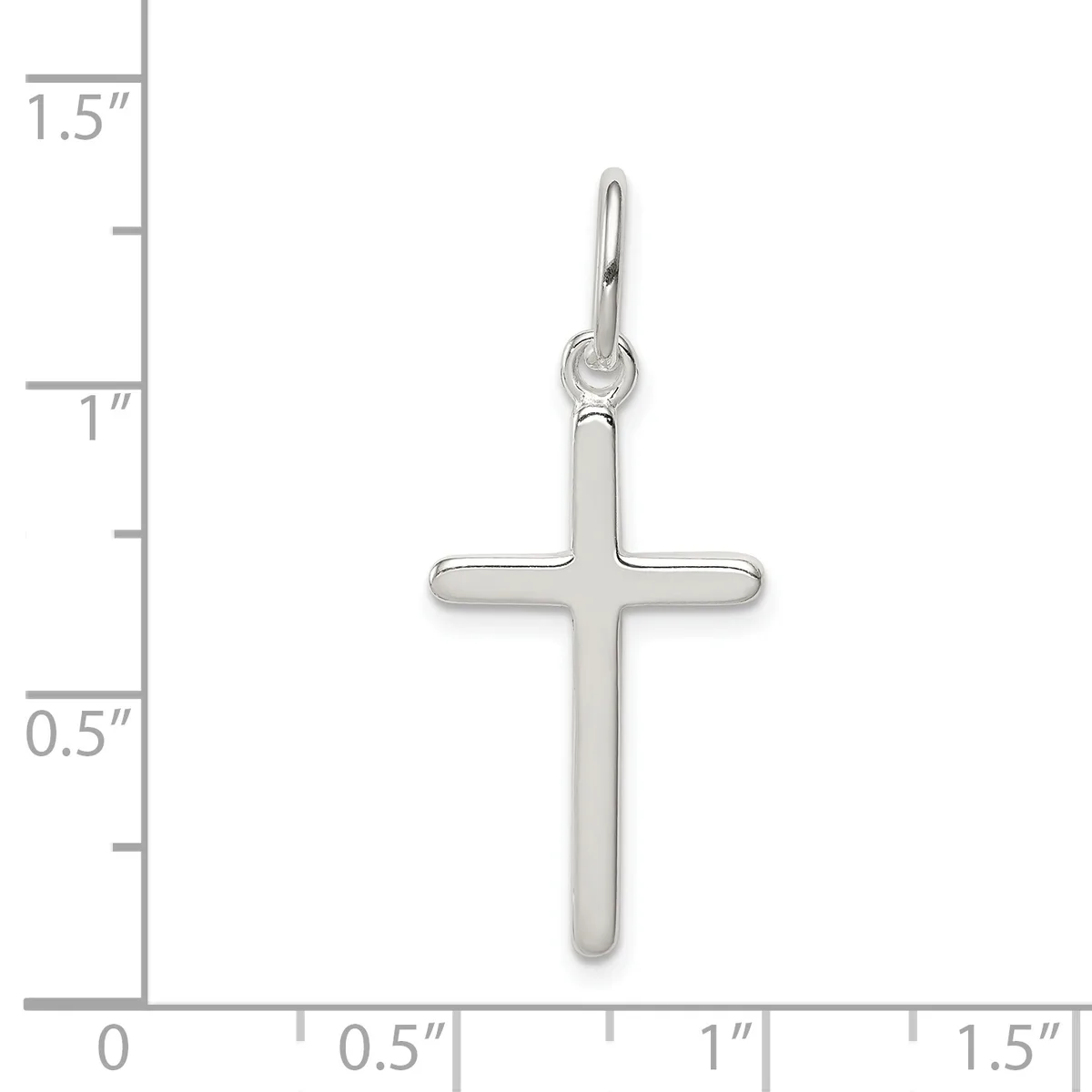 A polished silver cross pendant with rounded edges shown against a measurement scale indicating approximately 1.25 inches in height and 0.75 inches in width.