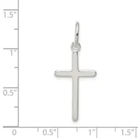 A polished silver cross pendant with rounded edges shown against a measurement scale indicating approximately 1.25 inches in height and 0.75 inches in width.