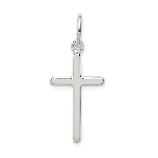 A polished sterling silver cross pendant with rounded edges and a small loop at the top for hanging.